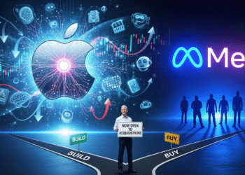 A digital collage featuring a silver Apple logo morphing into a neural network, with financial charts and AI icons swirling around it. In the background, silhouettes of engineers walk away toward a glowing Meta logo, while Tim Cook stands at a crossroads labeled “Build” and “Buy,” holding a sign that reads: “Now Open to Acquisitions.”