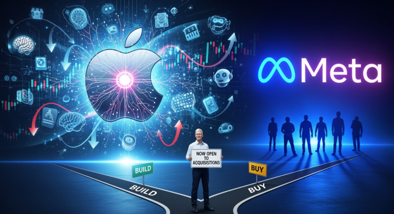 A digital collage featuring a silver Apple logo morphing into a neural network, with financial charts and AI icons swirling around it. In the background, silhouettes of engineers walk away toward a glowing Meta logo, while Tim Cook stands at a crossroads labeled “Build” and “Buy,” holding a sign that reads: “Now Open to Acquisitions.”
