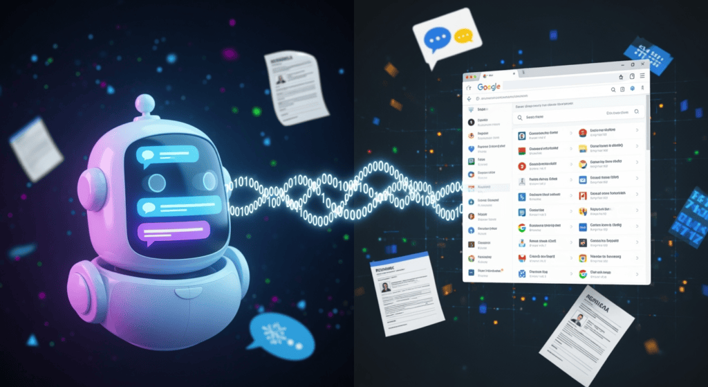 A stylized digital collage showing a glowing AI chatbot interface on one side and a Google search results page on the other, connected by a chain of binary code. In the background, fragments of personal data like resumes, chat bubbles, and medical forms float in cyberspace, partially faded into pixelated distortion—symbolizing the tension between technology, privacy, and unintended exposure.