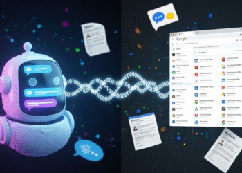 A stylized digital collage showing a glowing AI chatbot interface on one side and a Google search results page on the other, connected by a chain of binary code. In the background, fragments of personal data like resumes, chat bubbles, and medical forms float in cyberspace, partially faded into pixelated distortion—symbolizing the tension between technology, privacy, and unintended exposure.