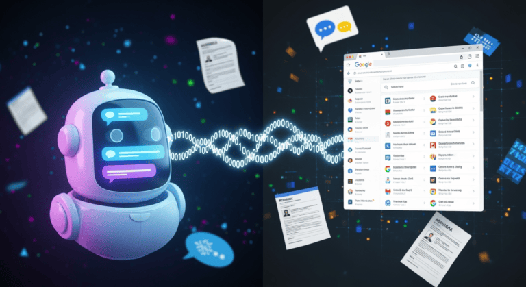 A stylized digital collage showing a glowing AI chatbot interface on one side and a Google search results page on the other, connected by a chain of binary code. In the background, fragments of personal data like resumes, chat bubbles, and medical forms float in cyberspace, partially faded into pixelated distortion—symbolizing the tension between technology, privacy, and unintended exposure.