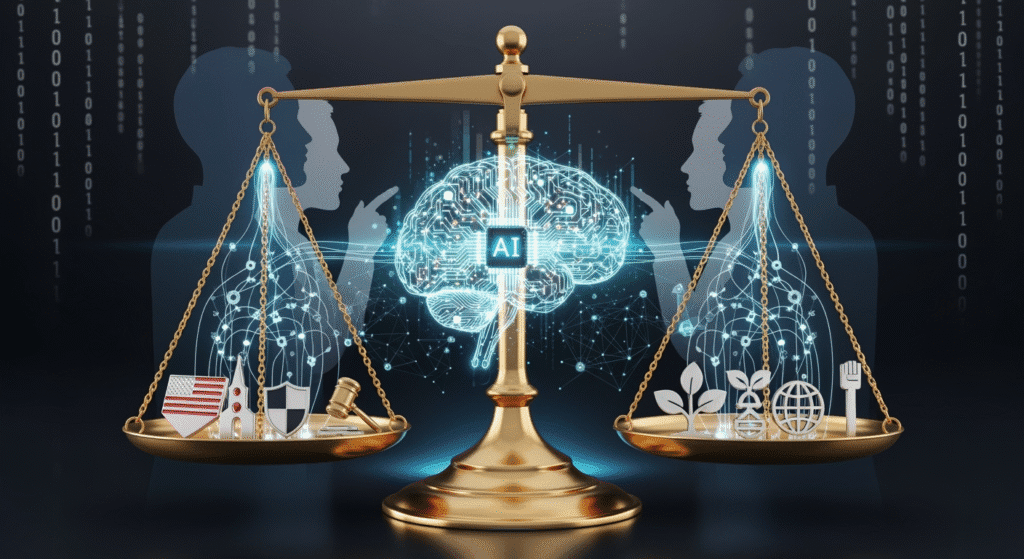 A conceptual illustration of a large AI brain made of glowing circuitry, balanced on a scale of justice. On one side of the scale are icons representing conservative viewpoints, and on the other side liberal viewpoints, both linked by interconnected data streams. The scene is set against a backdrop of binary code and abstract human silhouettes debating.