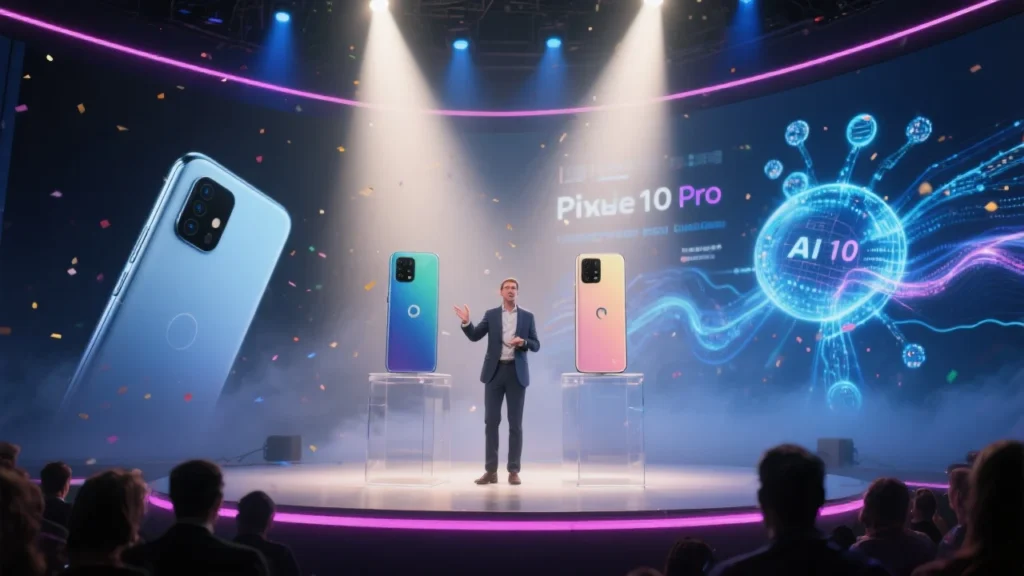 A dramatic stage shot of the Google Pixel 10 and Pixel 10 Pro showcased under bright lights at the launch event. Large display screens in the background highlight the phones’ sleek design and AI capabilities, while a presenter gestures toward the devices. The atmosphere feels futuristic and celebratory, symbolizing a major milestone in smartphone innovation.”