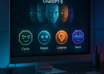 A sleek, futuristic interface of ChatGPT-5 displayed on a high-resolution screen, showing four personality icons labeled Cynic, Robot, Listener, and Nerd. Each icon has a distinct color and design style representing its traits. In the background, a holographic AI figure morphs between different expressions — witty smirk for Cynic, neutral face for Robot, warm smile for Listener, and wide-eyed excitement for Nerd. A modern tech workspace surrounds the display, with glowing UI elements and vibrant data streams.