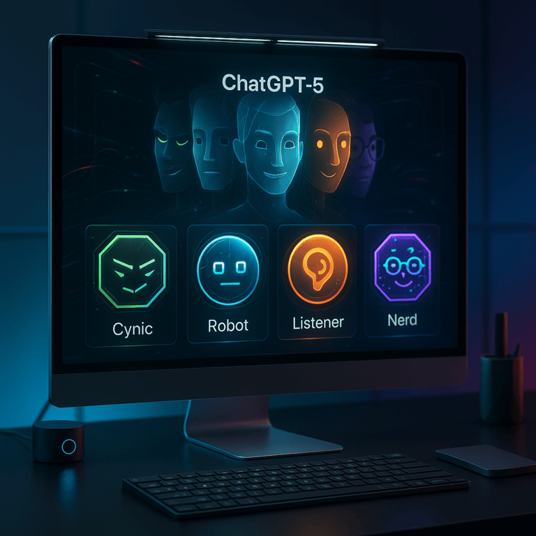 A sleek, futuristic interface of ChatGPT-5 displayed on a high-resolution screen, showing four personality icons labeled Cynic, Robot, Listener, and Nerd. Each icon has a distinct color and design style representing its traits. In the background, a holographic AI figure morphs between different expressions — witty smirk for Cynic, neutral face for Robot, warm smile for Listener, and wide-eyed excitement for Nerd. A modern tech workspace surrounds the display, with glowing UI elements and vibrant data streams.