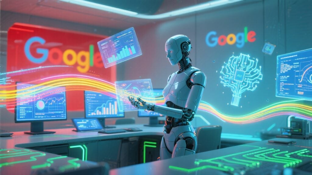 A futuristic digital illustration showing an AI agent (symbolizing MLE-STAR) analyzing streams of data across multiple screens, with glowing circuits and machine learning models floating like holograms. The background features Google’s branding colors in a subtle tech-inspired design.