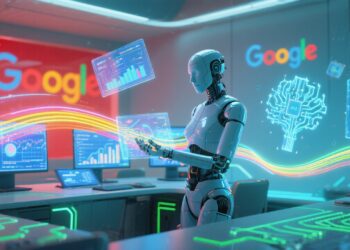 A futuristic digital illustration showing an AI agent (symbolizing MLE-STAR) analyzing streams of data across multiple screens, with glowing circuits and machine learning models floating like holograms. The background features Google’s branding colors in a subtle tech-inspired design.