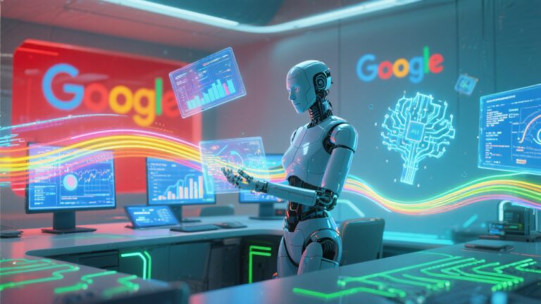 A futuristic digital illustration showing an AI agent (symbolizing MLE-STAR) analyzing streams of data across multiple screens, with glowing circuits and machine learning models floating like holograms. The background features Google’s branding colors in a subtle tech-inspired design.