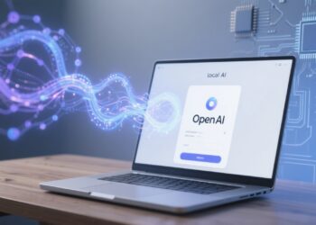 A sleek laptop on a modern desk running a local AI chatbot interface, with holographic-style graphics of neural networks emerging from the screen. In the background, faint outlines of microchips, code, and the OpenAI logo suggest powerful AI performance running directly on consumer hardware.