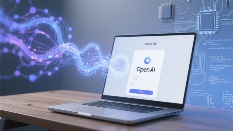 A sleek laptop on a modern desk running a local AI chatbot interface, with holographic-style graphics of neural networks emerging from the screen. In the background, faint outlines of microchips, code, and the OpenAI logo suggest powerful AI performance running directly on consumer hardware.