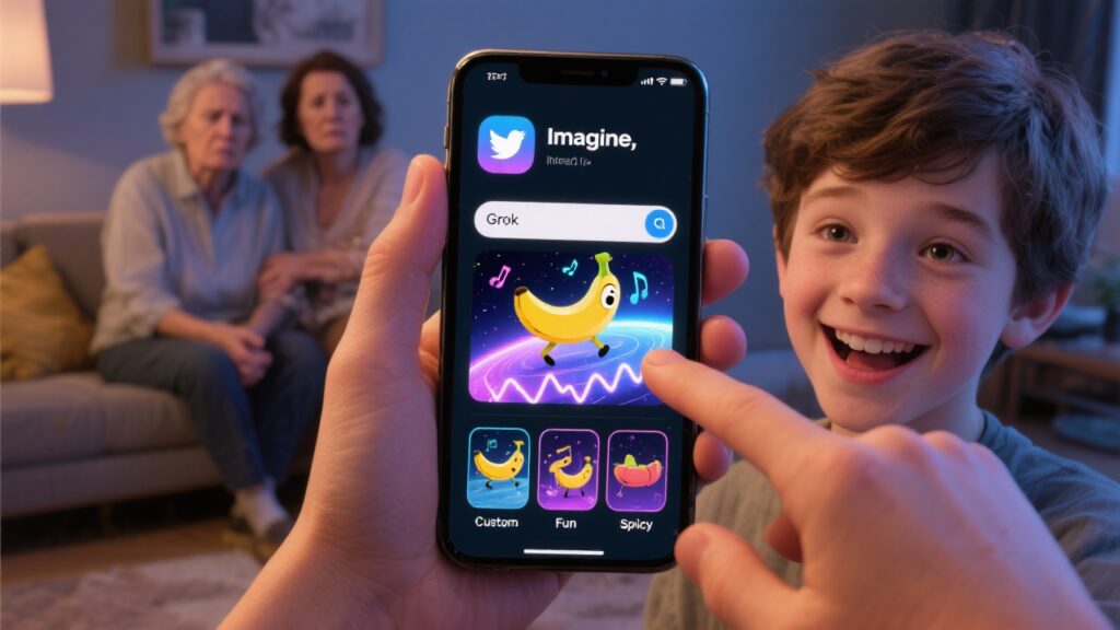 A user holds a smartphone with the X (formerly Twitter) app open, tapping on the “Grok” tab. A vibrant interface labeled “Imagine” shows a text prompt input field and voice input icon glowing beside it. Below, four animated thumbnails representing the generation modes—Custom, Normal, Fun, and Spicy—are lined up. One thumbnail plays a short, 6-second video of a dancing cartoon banana in space with synced sound waves pulsing beneath it. A young user is seen reacting with amusement, while in the background, concerned parental figures glance over a shoulder, hinting at the age-appropriateness dilemma.