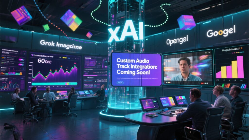 A futuristic control room with holographic screens displaying timelines of Grok Imagine’s development. One screen shows a 60-second video in progress, another shows "Custom Audio Track Integration: Coming Soon!" A split-screen shows a Vine-style short-form video being remixed into a modern AI-generated version. Graphs showing rising user growth and investment trends float in the air. In another corner, a boardroom of AI competitors looks worried while xAI’s logo beams brightly, casting shadows over logos like OpenAI and Google. A dotted line labeled “Regulation?” snakes ominously toward the xAI tower.