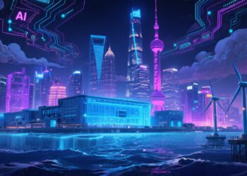 A futuristic cityscape of Shanghai lit by neon lights, with massive data center facilities glowing blue, surrounded by digital clouds and AI circuit patterns in the sky. Offshore, a sleek undersea data center glows beneath ocean waves, powered by nearby wind turbines. The skyline pulses with digital activity, symbolizing the city’s ambition to lead the global AI race.