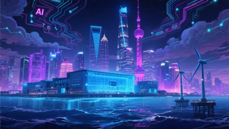 A futuristic cityscape of Shanghai lit by neon lights, with massive data center facilities glowing blue, surrounded by digital clouds and AI circuit patterns in the sky. Offshore, a sleek undersea data center glows beneath ocean waves, powered by nearby wind turbines. The skyline pulses with digital activity, symbolizing the city’s ambition to lead the global AI race.