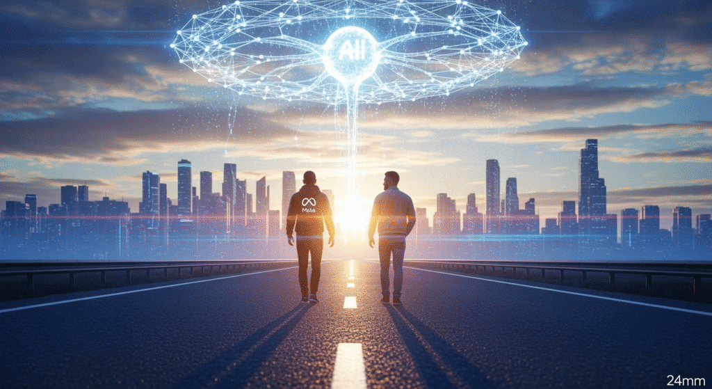 A wide-angle shot of a symbolic “road ahead” scene, with a futuristic city skyline in the distance and a glowing AI neural network hovering above it. In the foreground, two figures—one representing Meta, the other Robby Starbuck—walk side by side toward the skyline, signifying a shared path toward unbiased AI.