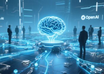 A sleek, futuristic digital landscape with a glowing AI brain at the center, surrounded by interconnected data streams and abstract representations of neural networks. In the background, silhouettes of business professionals and developers observe as the AI orchestrates multiple tasks, symbolizing automation and smart model selection. Subtle logos of OpenAI and competing tech companies (like Google, Anthropic, and xAI) appear in the periphery, highlighting the competitive environment. The overall color palette is cool blues and silvers, evoking innovation and technological advancement.