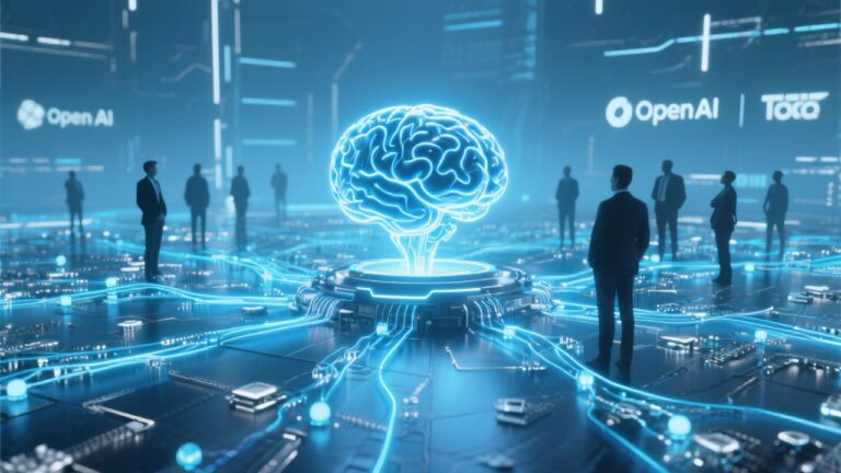 A sleek, futuristic digital landscape with a glowing AI brain at the center, surrounded by interconnected data streams and abstract representations of neural networks. In the background, silhouettes of business professionals and developers observe as the AI orchestrates multiple tasks, symbolizing automation and smart model selection. Subtle logos of OpenAI and competing tech companies (like Google, Anthropic, and xAI) appear in the periphery, highlighting the competitive environment. The overall color palette is cool blues and silvers, evoking innovation and technological advancement.