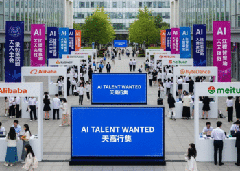 A high-resolution photo showing a modern Chinese university campus recruitment fair bustling with graduates, AI-themed banners, and tech company booths from Alibaba, ByteDance, and Meituan. Recruiters are seen using tablets, while large digital screens display "AI Talent Wanted" in both Chinese and English, symbolizing the high-tech job market transformation.