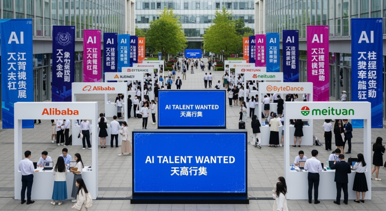 A high-resolution photo showing a modern Chinese university campus recruitment fair bustling with graduates, AI-themed banners, and tech company booths from Alibaba, ByteDance, and Meituan. Recruiters are seen using tablets, while large digital screens display "AI Talent Wanted" in both Chinese and English, symbolizing the high-tech job market transformation.