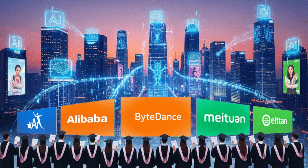 A conceptual illustration of a futuristic AI-driven workplace in China. Young professionals collaborate with humanoid robots and holographic AI assistants, surrounded by augmented reality displays. The background features a timeline stretching into 2030, with milestones in AI innovation and career growth, symbolizing the long-term vision of the current hiring boom.
