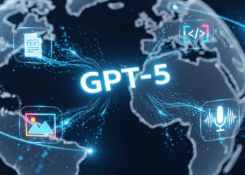A sleek, futuristic digital interface showing a glowing “GPT-5” logo at the center, surrounded by holographic icons for text, code, images, and voice. Streams of data flow in all directions, symbolizing multimodal AI capabilities. In the background, a subtle globe outline conveys worldwide accessibility, while bright blue and silver tones evoke innovation and cutting-edge technology.