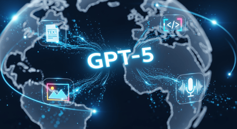 A sleek, futuristic digital interface showing a glowing “GPT-5” logo at the center, surrounded by holographic icons for text, code, images, and voice. Streams of data flow in all directions, symbolizing multimodal AI capabilities. In the background, a subtle globe outline conveys worldwide accessibility, while bright blue and silver tones evoke innovation and cutting-edge technology.
