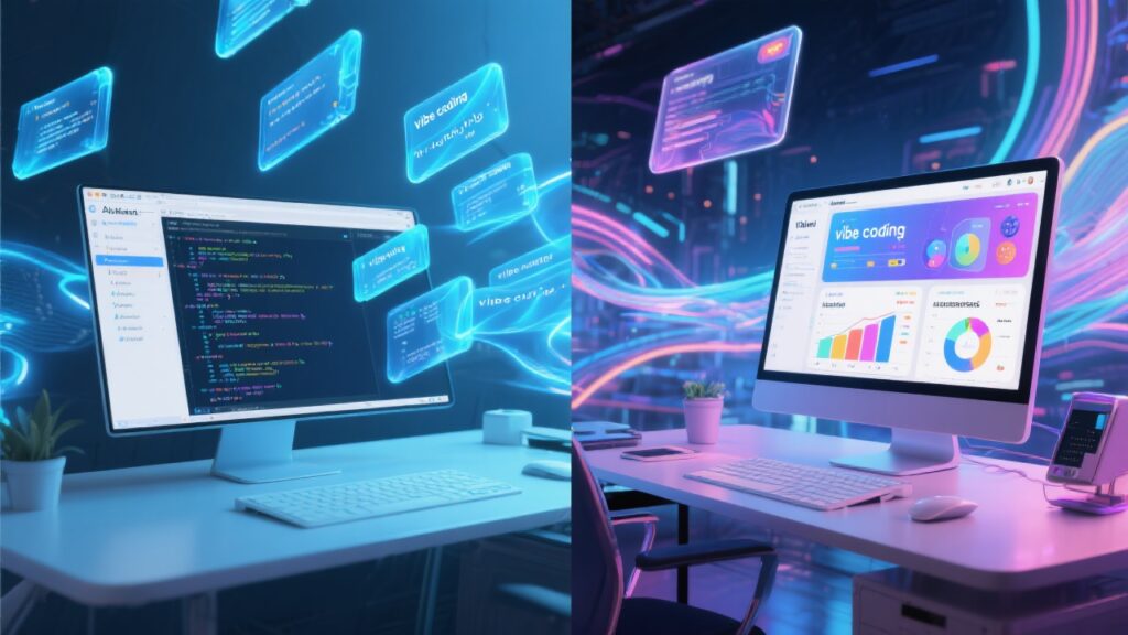 A dynamic workspace with an AI-generated code editor on one side and a finished, visually rich web app on the other. The interface shows the AI creating software in seconds from a simple text prompt. Holographic lines of code animate in midair, representing “vibe coding” and instant development.