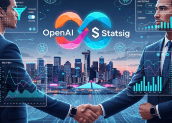 A modern tech illustration showing OpenAI’s logo merging with Statsig’s, set against a backdrop of Seattle’s skyline with futuristic AI-inspired elements. In the foreground, business leaders shake hands, symbolizing the $1.1 billion deal and leadership reshuffle. A subtle overlay of data streams, A/B testing dashboards, and AI icons highlights the innovation theme.