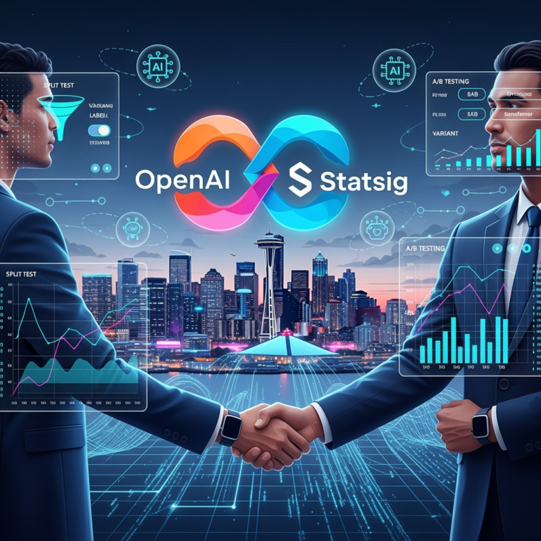 A modern tech illustration showing OpenAI’s logo merging with Statsig’s, set against a backdrop of Seattle’s skyline with futuristic AI-inspired elements. In the foreground, business leaders shake hands, symbolizing the $1.1 billion deal and leadership reshuffle. A subtle overlay of data streams, A/B testing dashboards, and AI icons highlights the innovation theme.