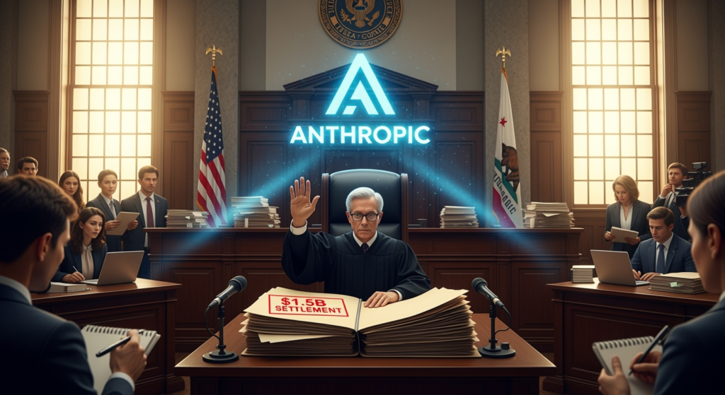 A dramatic courtroom illustration: Judge William Alsup raising his hand to signal “stop,” with a giant case file stamped $1.5B Settlement on the bench. A digital hologram of the Anthropic logo looms in the background, symbolizing AI on trial. Reporters scribble notes as tension fills the room.