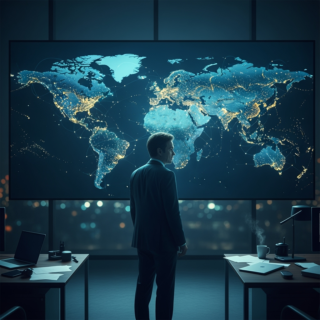 A dimly lit office with Sam Altman staring at a glowing world map projected on a massive screen, dotted with lights symbolizing millions of ChatGPT users. His expression is weary, underscoring the burden of global responsibility.