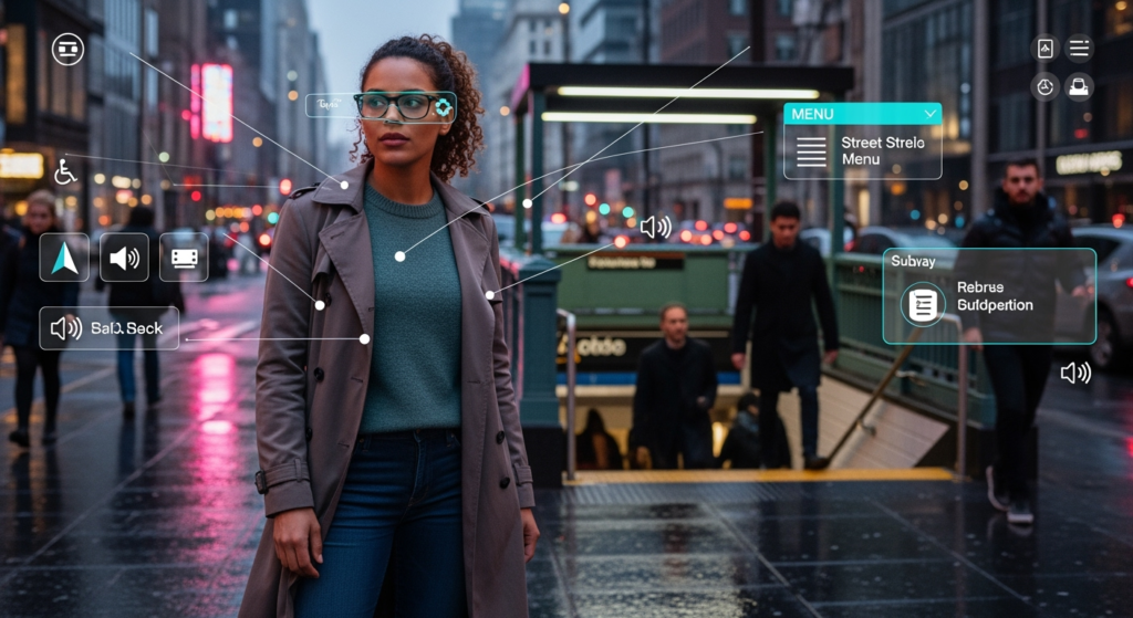 A visually impaired woman wearing sleek Ray-Ban-style smart glasses stands on a busy city street. The glasses project a subtle glow, symbolizing AI assistance, while text and icons float around her — menus, signs, and street names being read aloud. In the background, commuters move through the subway, blurred to emphasize her independence. The overall tone conveys empowerment, accessibility, and futuristic technology integrated into daily life.