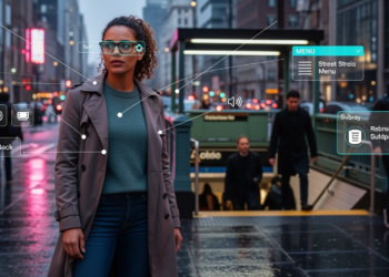 A visually impaired woman wearing sleek Ray-Ban-style smart glasses stands on a busy city street. The glasses project a subtle glow, symbolizing AI assistance, while text and icons float around her — menus, signs, and street names being read aloud. In the background, commuters move through the subway, blurred to emphasize her independence. The overall tone conveys empowerment, accessibility, and futuristic technology integrated into daily life.