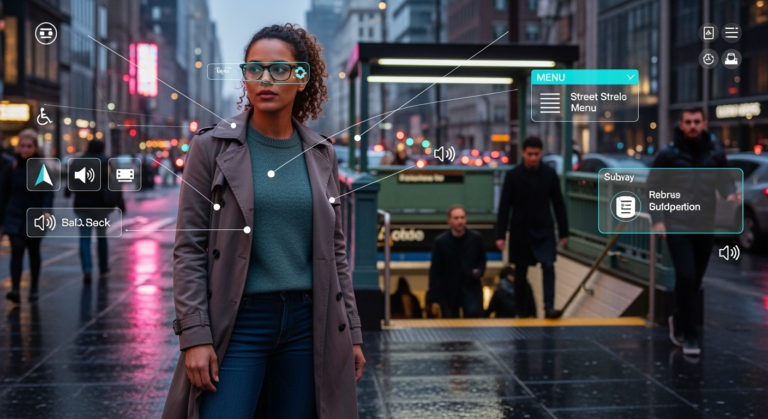 A visually impaired woman wearing sleek Ray-Ban-style smart glasses stands on a busy city street. The glasses project a subtle glow, symbolizing AI assistance, while text and icons float around her — menus, signs, and street names being read aloud. In the background, commuters move through the subway, blurred to emphasize her independence. The overall tone conveys empowerment, accessibility, and futuristic technology integrated into daily life.