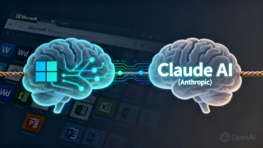 A sleek illustration of two glowing AI brain icons side by side — one with Microsoft’s logo subtly integrated, the other labeled “Claude AI” (Anthropic). They are connected by digital lines overlaid on a Microsoft 365 interface, with icons of Word, Excel, and PowerPoint faintly in the background. A tug-of-war visual with OpenAI’s logo slightly faded in the corner symbolizes the shifting partnerships.