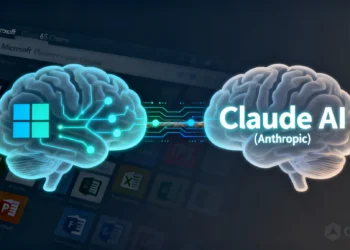 A sleek illustration of two glowing AI brain icons side by side — one with Microsoft’s logo subtly integrated, the other labeled “Claude AI” (Anthropic). They are connected by digital lines overlaid on a Microsoft 365 interface, with icons of Word, Excel, and PowerPoint faintly in the background. A tug-of-war visual with OpenAI’s logo slightly faded in the corner symbolizes the shifting partnerships.