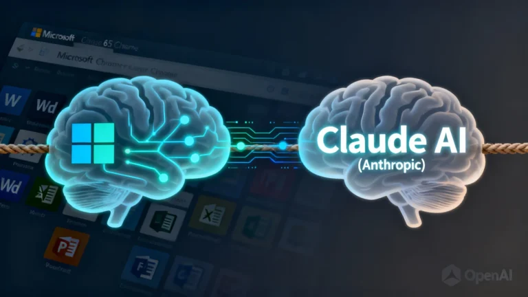 A sleek illustration of two glowing AI brain icons side by side — one with Microsoft’s logo subtly integrated, the other labeled “Claude AI” (Anthropic). They are connected by digital lines overlaid on a Microsoft 365 interface, with icons of Word, Excel, and PowerPoint faintly in the background. A tug-of-war visual with OpenAI’s logo slightly faded in the corner symbolizes the shifting partnerships.