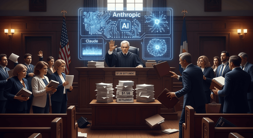 A tense courtroom scene with a stern federal judge halting proceedings, stacks of legal documents labeled “$1.5B Settlement,” and behind him, a glowing AI interface symbolizing Anthropic’s Claude model. On one side, frustrated authors holding manuscripts; on the other, lawyers in heated debate. The atmosphere captures a clash between human creativity and artificial intelligence.