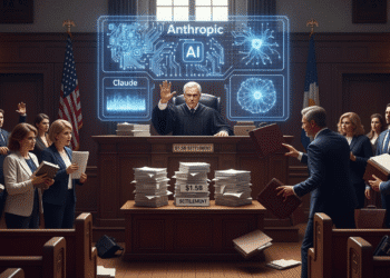 A tense courtroom scene with a stern federal judge halting proceedings, stacks of legal documents labeled “$1.5B Settlement,” and behind him, a glowing AI interface symbolizing Anthropic’s Claude model. On one side, frustrated authors holding manuscripts; on the other, lawyers in heated debate. The atmosphere captures a clash between human creativity and artificial intelligence.