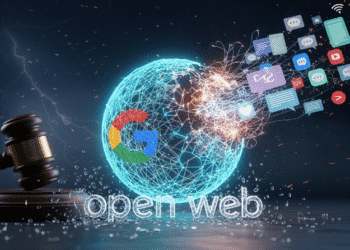 A conceptual illustration showing a crumbling globe-shaped web made of glowing wires, with the Google logo partially unraveling. On one side, a courtroom gavel looms over the shattered “open web,” while on the other side, AI-generated text boxes and closed app icons (like social media and streaming platforms) rise upward. The atmosphere feels tense, symbolizing conflict between regulation, technology, and the survival of the open internet.