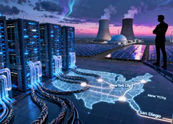 A dramatic digital illustration showing a futuristic AI data center sprawling like a megacity. Towering server racks glow with blue and white lights, their energy cables stretching across a map of the U.S., connecting New York City and San Diego. In the background, nuclear reactors, solar fields, and wind turbines compete to power the network, while a shadowy silhouette of Sam Altman stands overseeing the glowing infrastructure. Above, the caption reads: “Abundant Intelligence or Energy Apocalypse?”
