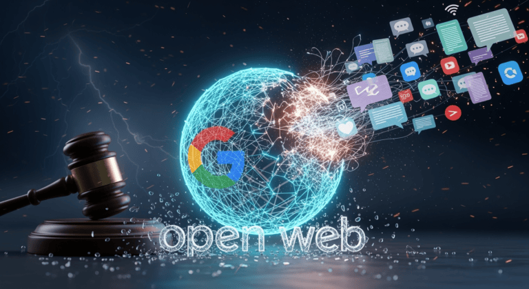 A conceptual illustration showing a crumbling globe-shaped web made of glowing wires, with the Google logo partially unraveling. On one side, a courtroom gavel looms over the shattered “open web,” while on the other side, AI-generated text boxes and closed app icons (like social media and streaming platforms) rise upward. The atmosphere feels tense, symbolizing conflict between regulation, technology, and the survival of the open internet.