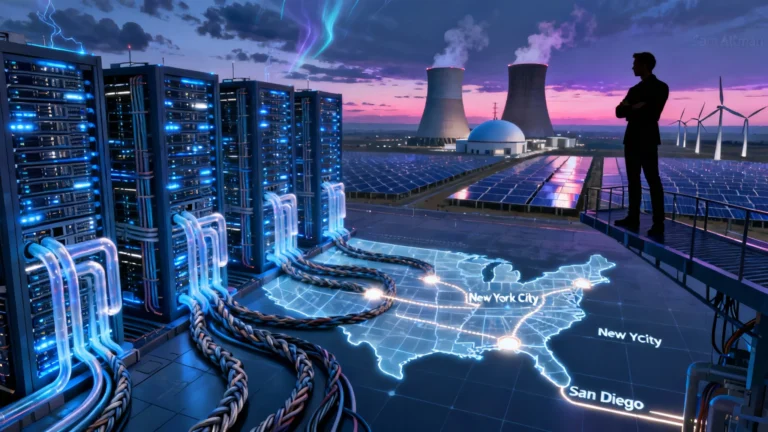 A dramatic digital illustration showing a futuristic AI data center sprawling like a megacity. Towering server racks glow with blue and white lights, their energy cables stretching across a map of the U.S., connecting New York City and San Diego. In the background, nuclear reactors, solar fields, and wind turbines compete to power the network, while a shadowy silhouette of Sam Altman stands overseeing the glowing infrastructure. Above, the caption reads: “Abundant Intelligence or Energy Apocalypse?”