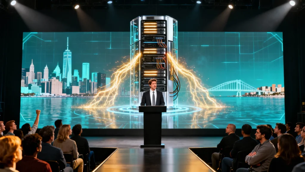 An editorial-style image showing Sam Altman standing at a podium under dramatic lighting. Behind him, a massive holographic projection of New York City and San Diego glows, both cities connected by streams of golden energy flowing into a futuristic AI server hub. In the audience, half the faces look inspired and hopeful, while the other half appear anxious and skeptical, capturing the “exciting yet scary” tone of his announcement.