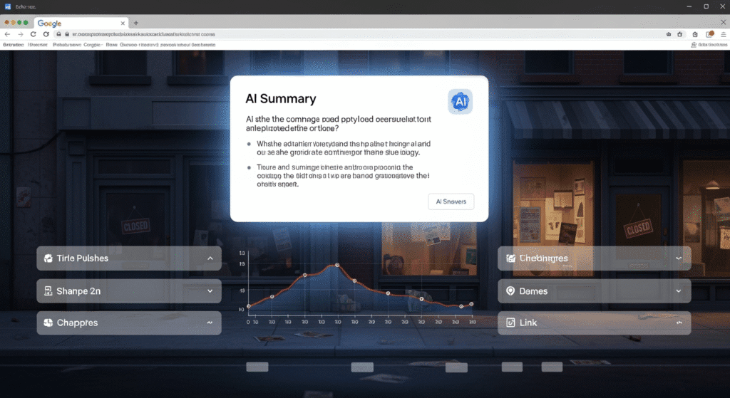A symbolic scene of a user searching on Google: at the top of the search results, a large AI-generated box delivers a polished summary while the links below fade into ghostly, transparent outlines. In the background, publishers’ websites resemble abandoned storefronts with “Closed” signs. A graph hovers above, showing declining clicks, emphasizing the impact on web traffic and content creators
