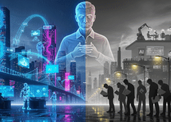 A dramatic digital illustration of a city skyline half-bathed in neon AI circuitry and half-faded into silhouettes of unemployed workers holding resumes. A looming holographic figure of Geoffrey Hinton hovers above, torn between pride and worry. In the background, robots and AI screens replace human workers, symbolizing productivity gains and economic displacement.