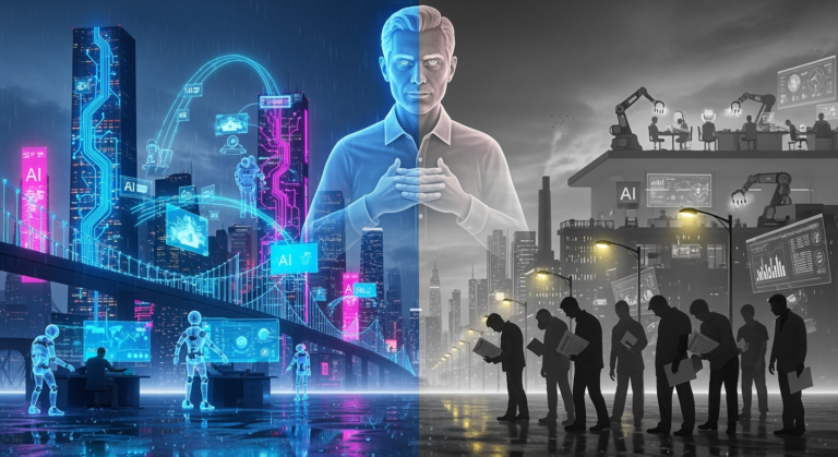 A dramatic digital illustration of a city skyline half-bathed in neon AI circuitry and half-faded into silhouettes of unemployed workers holding resumes. A looming holographic figure of Geoffrey Hinton hovers above, torn between pride and worry. In the background, robots and AI screens replace human workers, symbolizing productivity gains and economic displacement.