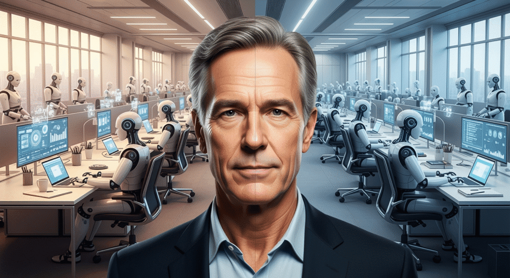 serious portrait of Geoffrey Hinton, “The Godfather of AI,” overlaid against a futuristic background of humanoid robots at office desks. Half of the scene shows bustling workers with laptops, while the other half fades into empty chairs, symbolizing the looming threat of unemployment caused by artificial intelligence.