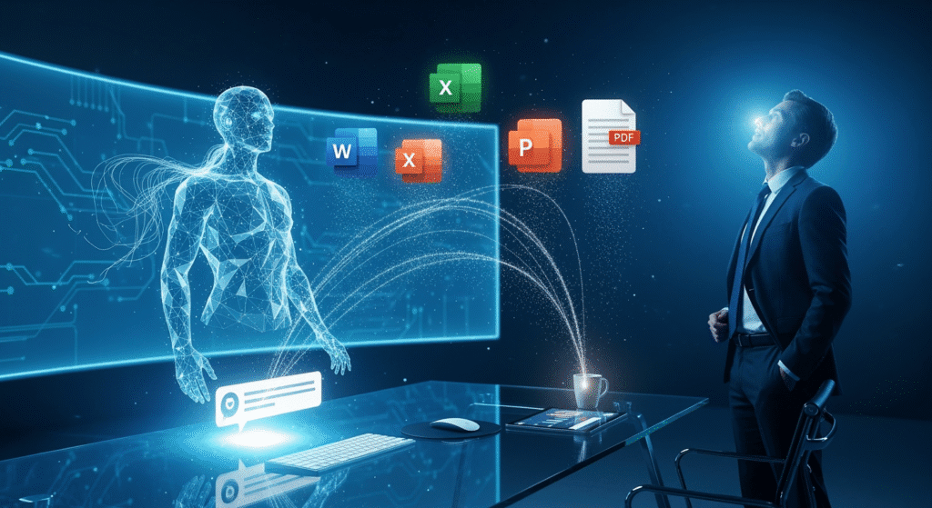 An abstract digital workspace where an AI hologram projects Word, Excel, PowerPoint, and PDF icons into the air. A business professional watches in awe as the files materialize seamlessly from a glowing chat window. The scene conveys the fusion of conversation and productivity, highlighting AI as a creative partner rather than just a tool.