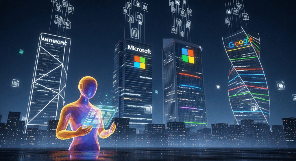 Three towering skyscrapers representing Anthropic, Microsoft, and Google loom in a digital city skyline. Each building is adorned with glowing company logos, while beams of light shaped like charts and documents shoot into the sky. In the foreground, Claude AI is depicted as a rising contender, holding a glowing document, symbolizing its entry into the high-stakes AI productivity race.
